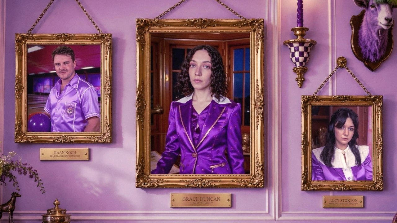 Grace Duncan portraits displayed in ornate gold frames against a purple wall, showing her in purple satin clothing