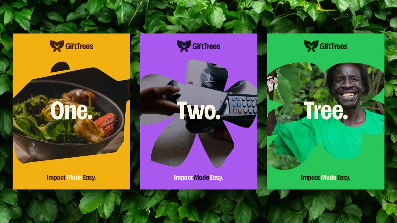 Three GiftTrees campaign posters on yellow, purple and green backgrounds showing "One", "Two", "Tree" with imagery of food, hands holding technology, and a person among foliage