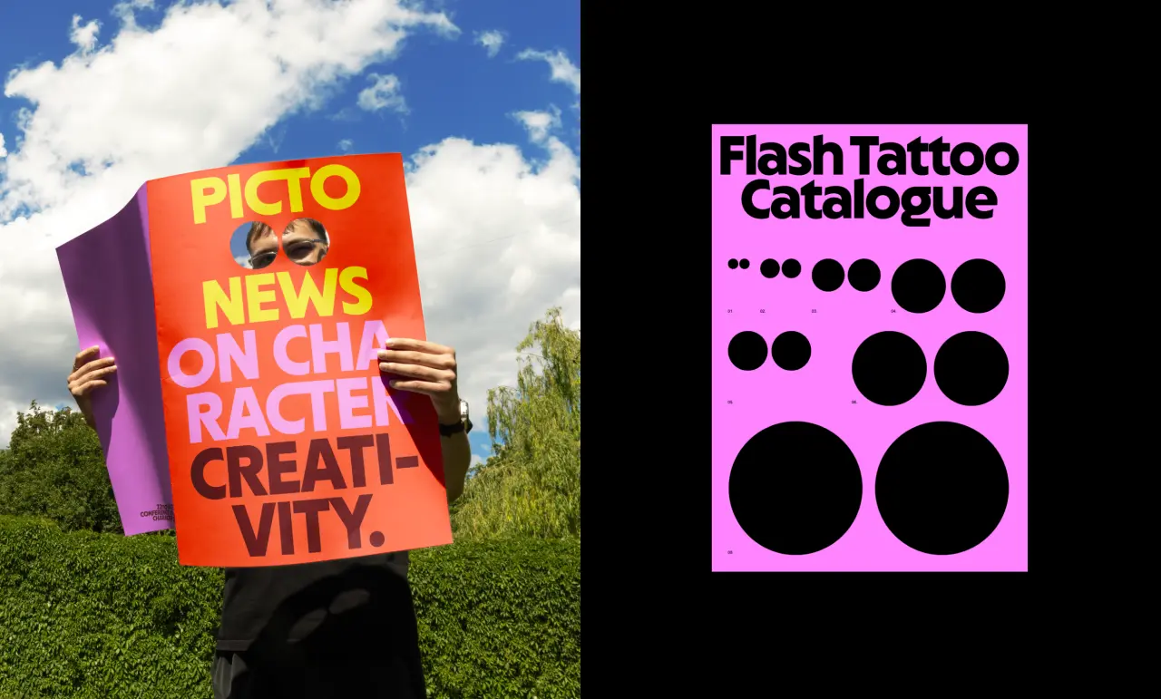 Left: vibrant orange poster with Pictoplasma news and text about character creativity held up outdoors. Right: bright pink Flash Tattoo Catalogue cover featuring black circles of varying sizes