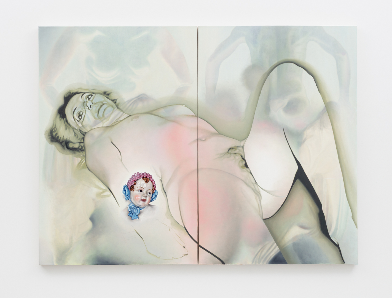 Diptych painting of a reclining figure with soft watercolour tones and a small portrait miniature embedded on the torso