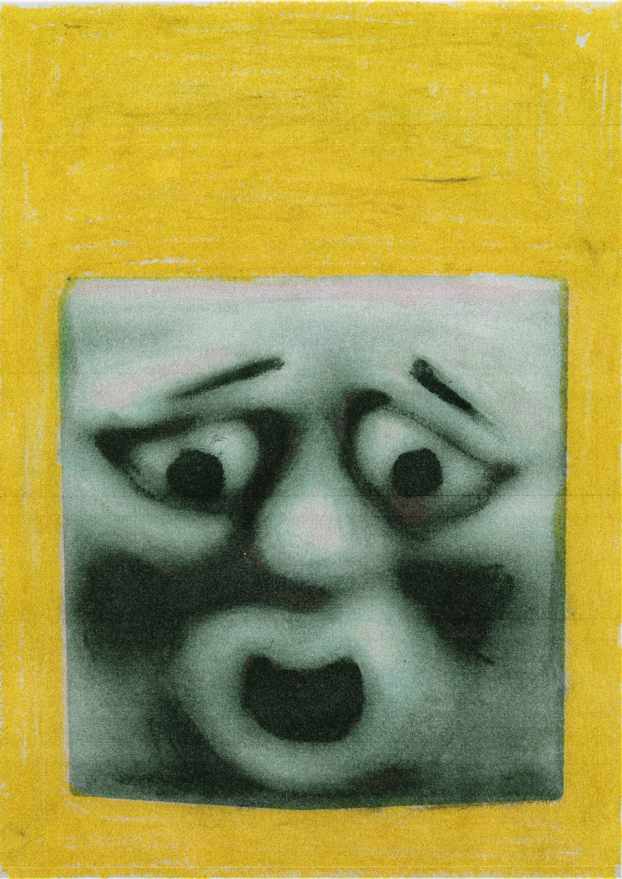 A pixelated face with wide eyes and open mouth expression against a bright yellow background, recreated from a Facebook Marketplace listing photograph