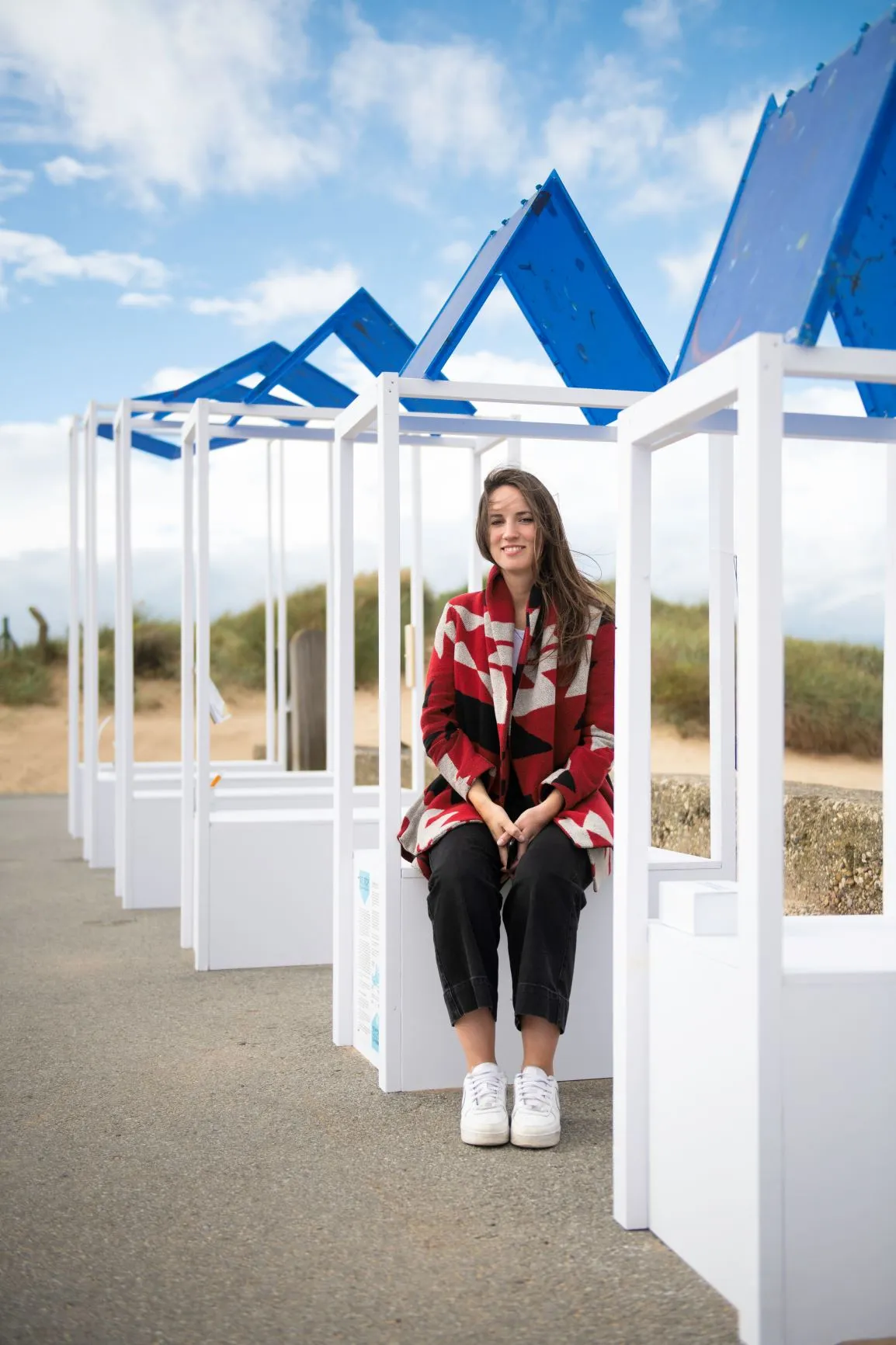 Artist Sally Hogarth at Sit, Stop on Redcar seafront. Image credit: Tracy Kidd. All images courtesy of Festival of Thrift