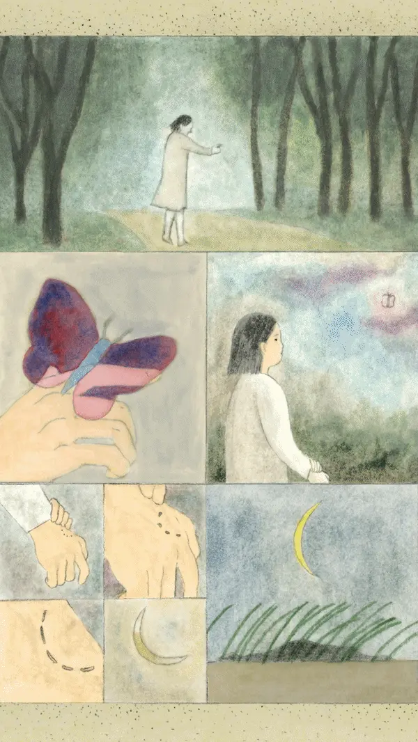 A multi-panel illustration featuring a figure in a forest, close-up details of hands holding purple butterfly wings, a woman viewed from behind, and studies of moons and grass in soft greens and blues
