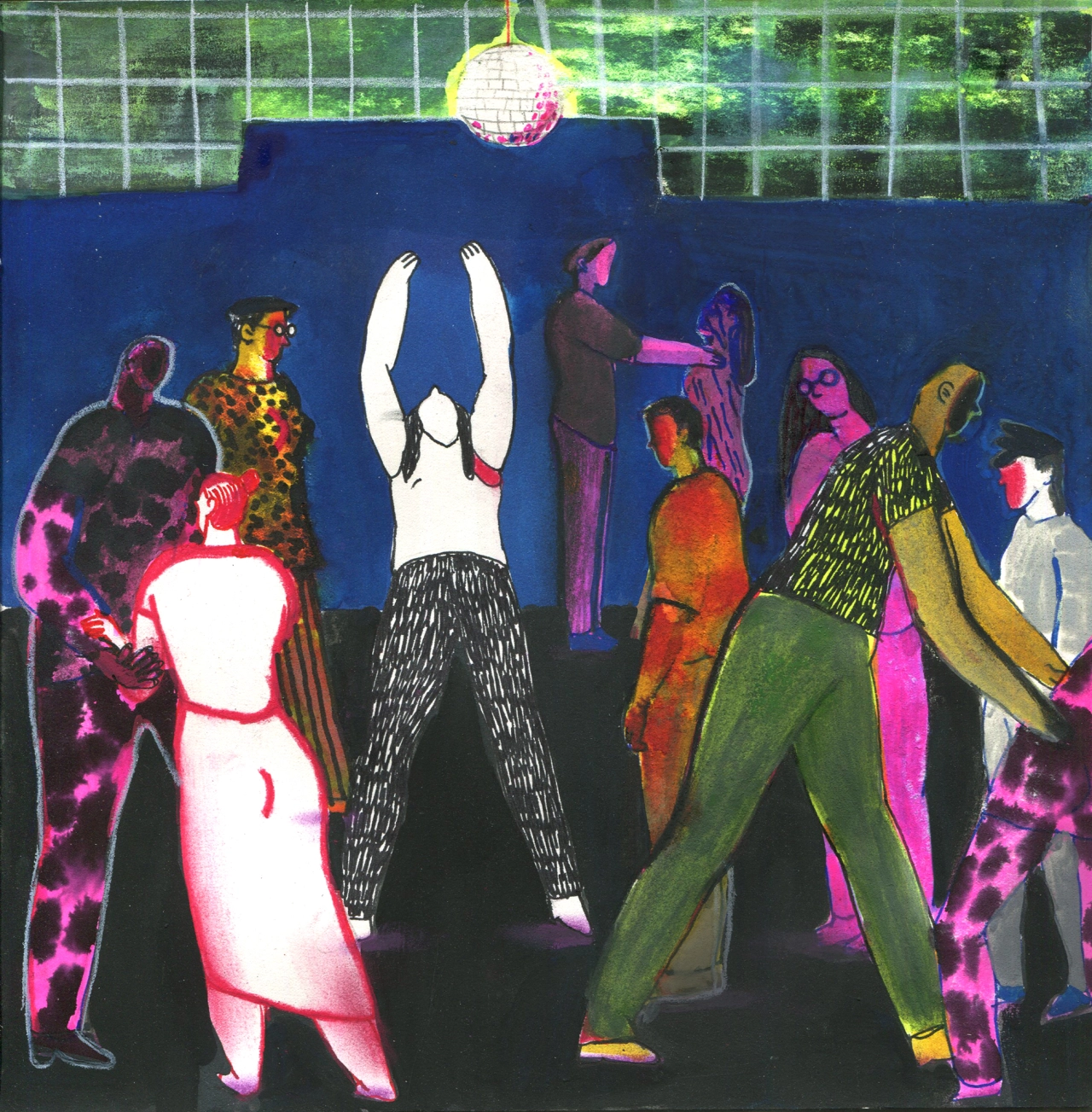Colourfully dressed figures dance beneath a disco ball in Varya Yakovleva's Les Femmes sauvages series, featuring neon-lit bodies and vibrant patterns against a dark blue background