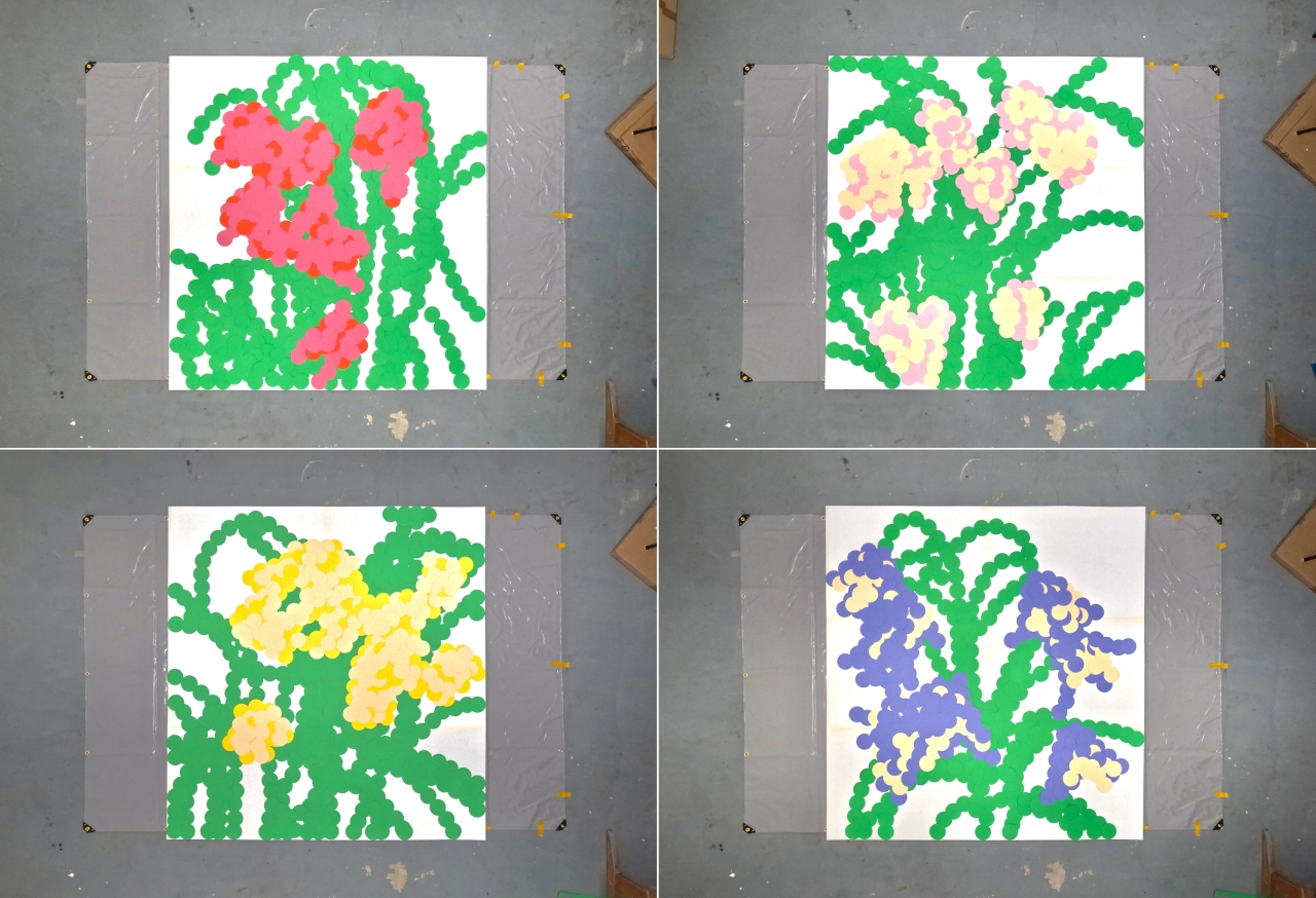 Four square artworks by Ayong Son showing pixelated flowers in red, cream, yellow and purple with green foliage on white backgrounds