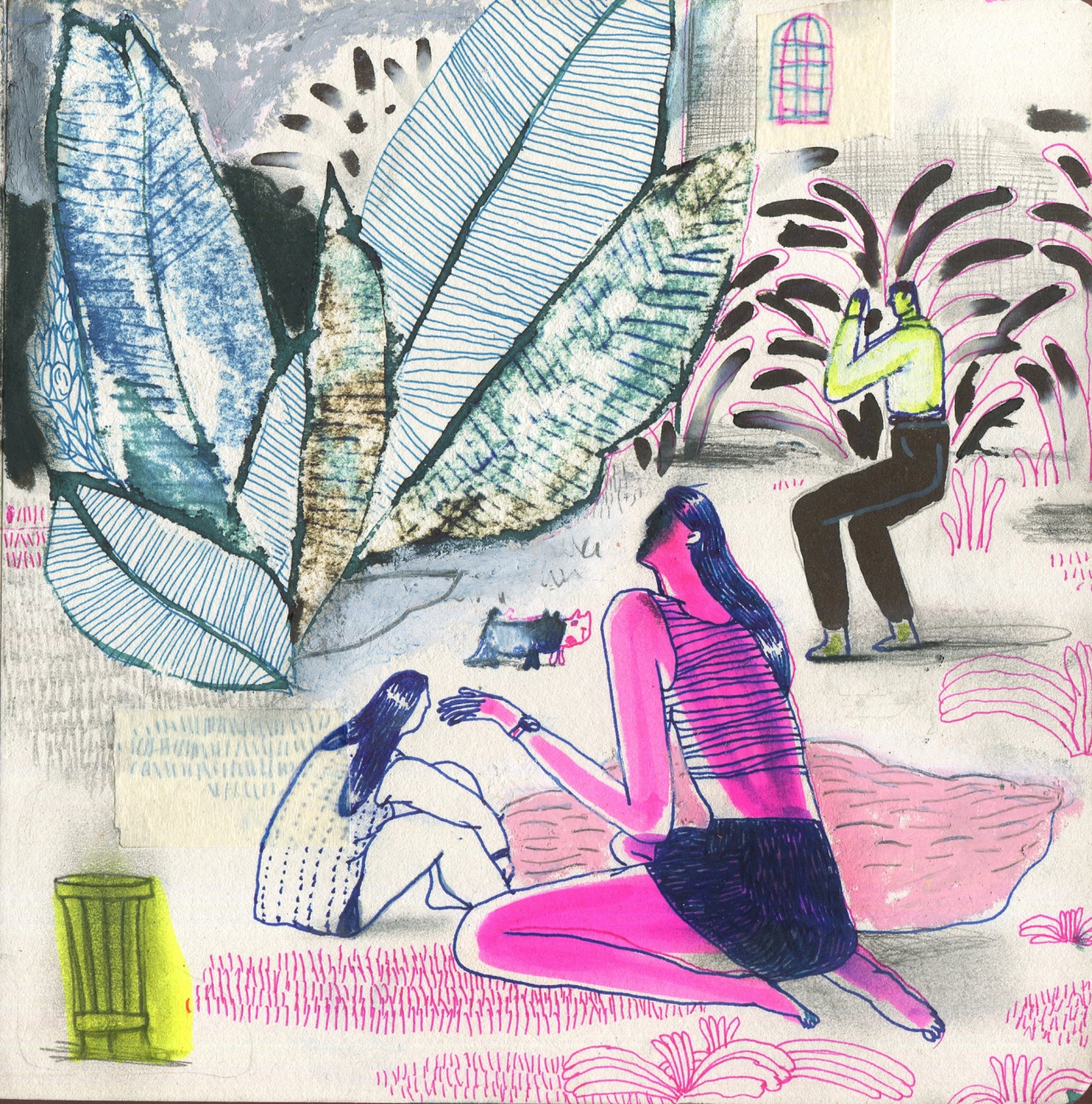 Illustration from Les Femmes sauvages showing figures in bold pink and blue tones interacting with stylised oversized leaves and botanical forms in a mixed-media composition by Varya Yakovleva