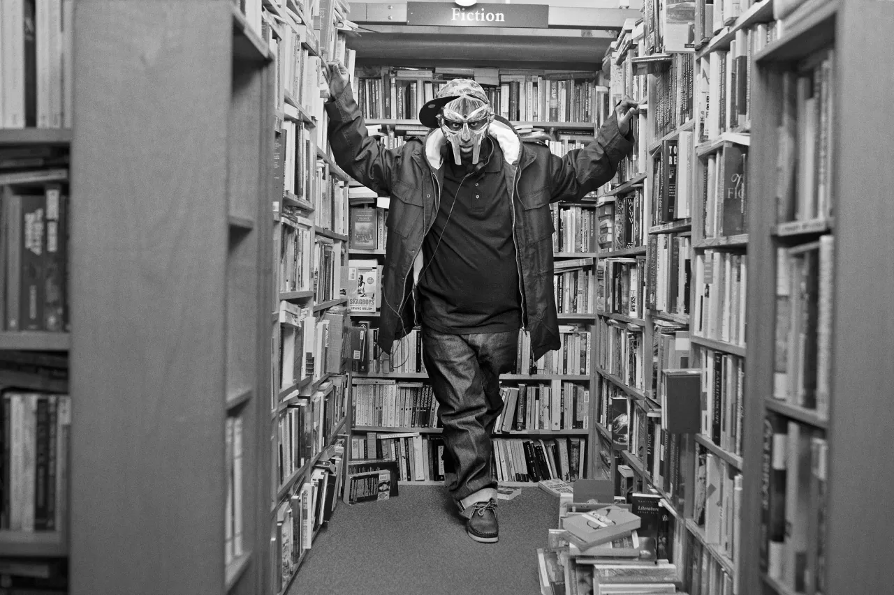 Rapper/producer MF DOOM wearing his Clarks Originals collaboration, the Wallabee Doom, at Skoob Books, Bloomsbury, London, 2014. Photograph Martin Zähringer. Courtesy Martin Zähringer/One Love Books