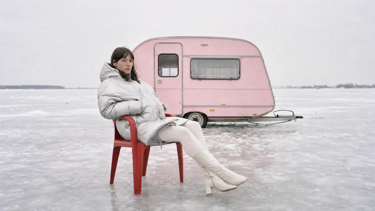 Woman sitting on a red chair on a frozen lake next to a pink caravan, wrapped in a grey puffy jacket
