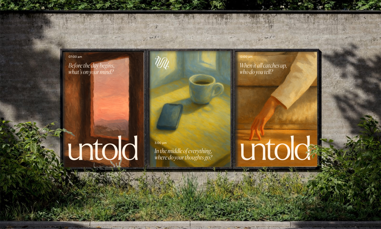 Three outdoor posters on a concrete wall, each pairing a painted scene with a time-stamped reflective prompt and the Untold logo.
