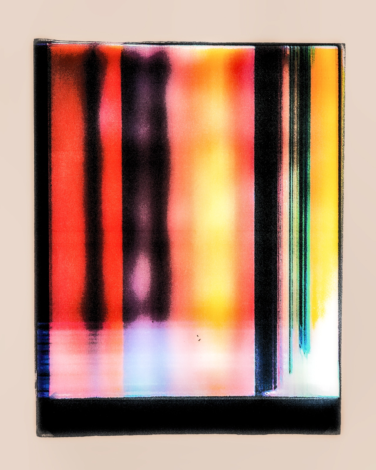 Abstract artwork with vertical bands of red, orange, yellow and black colours bleeding and blurring into softer pink and blue tones below, evoking digital distortion and compression