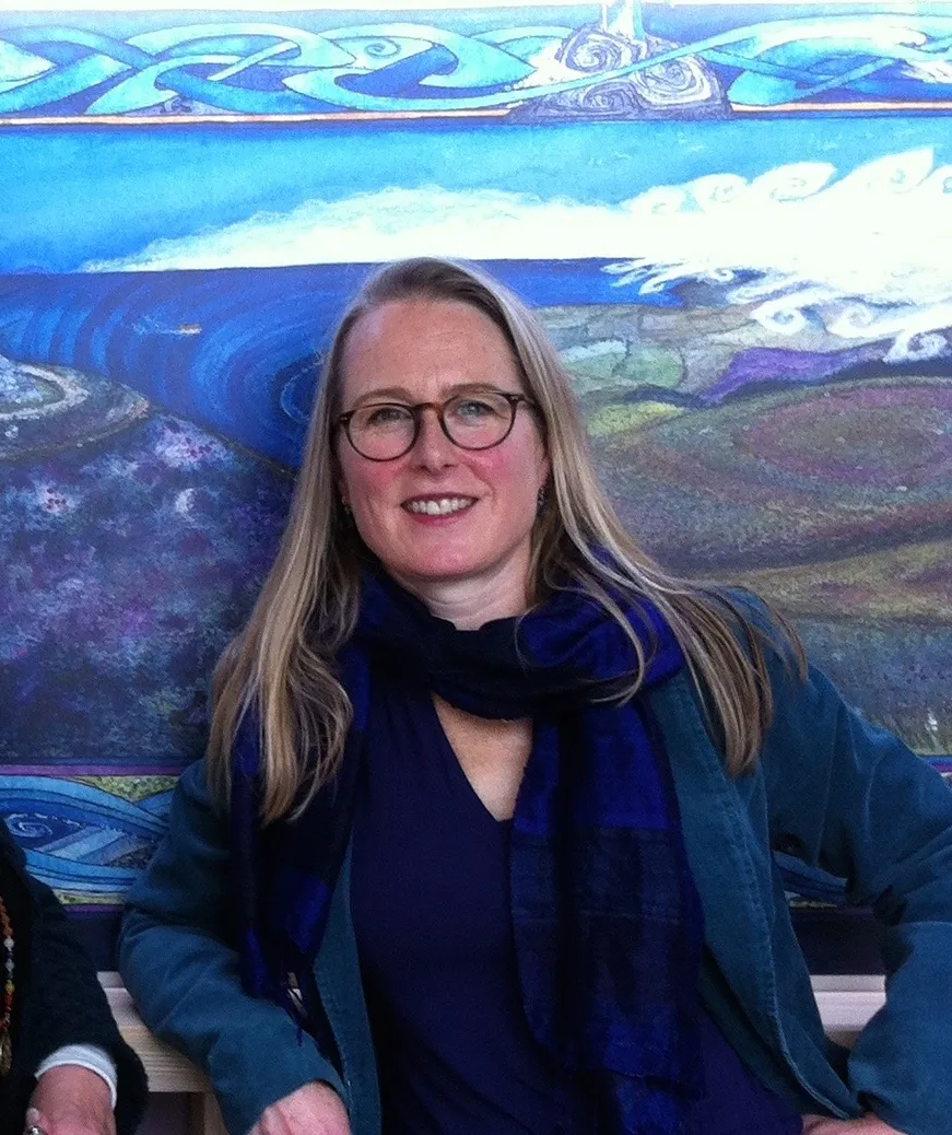 Nicola, in front of a commission for Manannan Court, Douglas