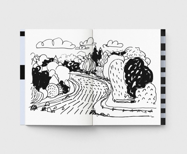 Open sketchbook displaying black ink landscape drawings of countryside scenes with rolling hills, clouds and winding paths across two pages