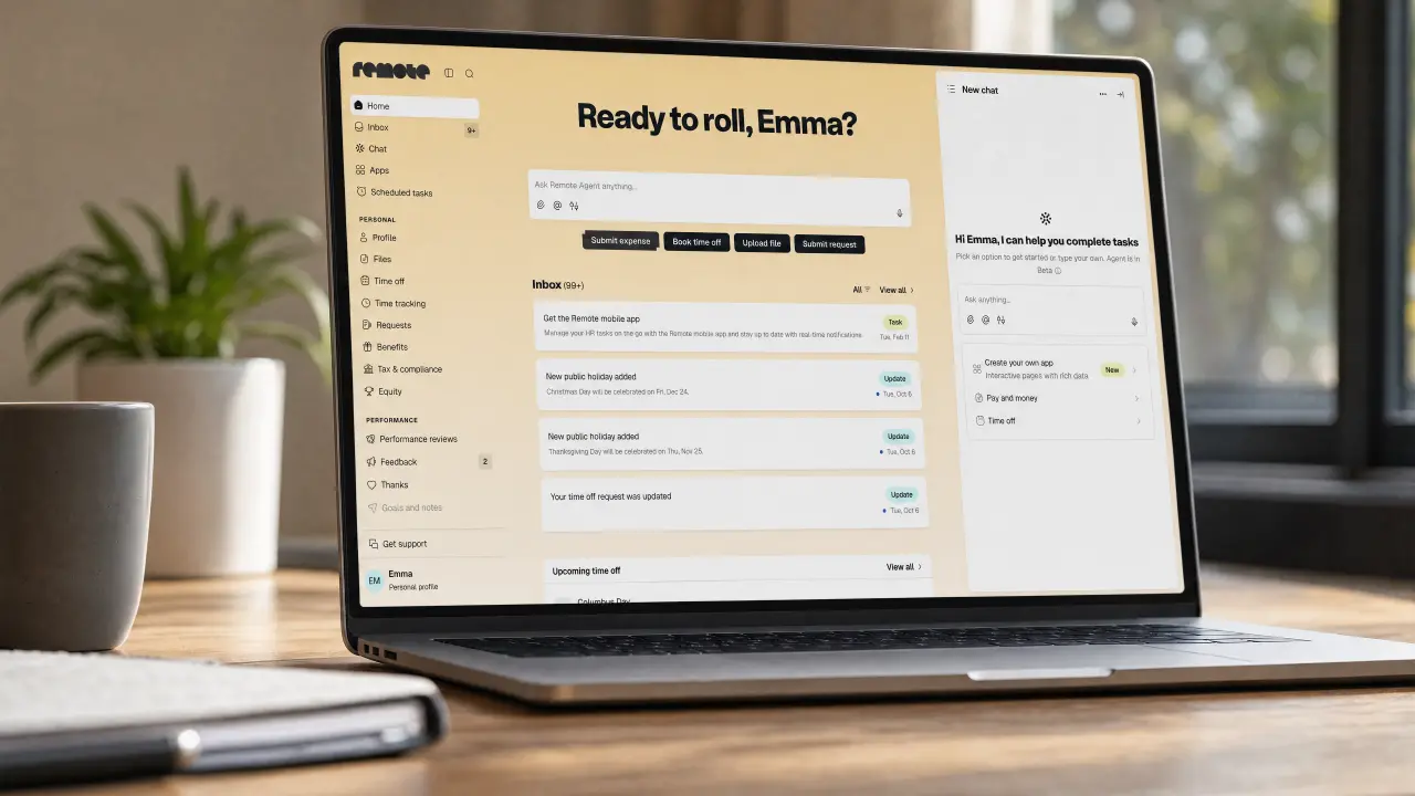 Laptop displaying Remote's payroll platform interface with "Ready to roll, Emma?" greeting and various payroll options, positioned on a desk with a plant and notebook nearby