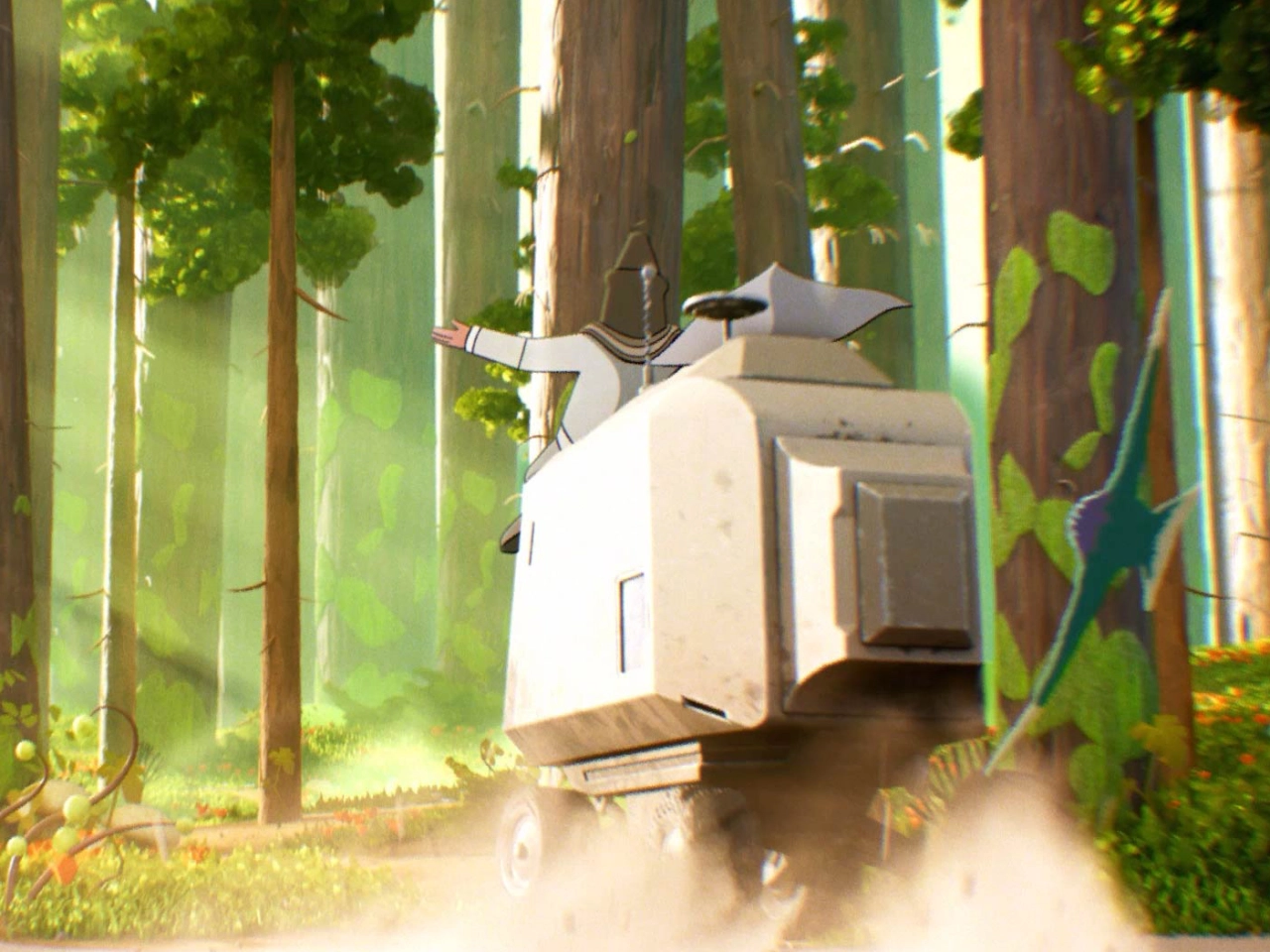 A white caravan travels through a sunlit forest surrounded by tall trees and green foliage in this scene from Art&Graft's In Pursuit of Magic film