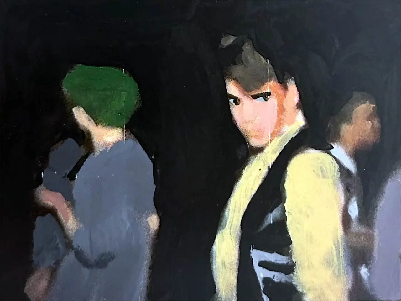 Hand-painted rotoscope animation showing figures dancing on a dark background, with one wearing a bright green hat and yellow vest moving expressively