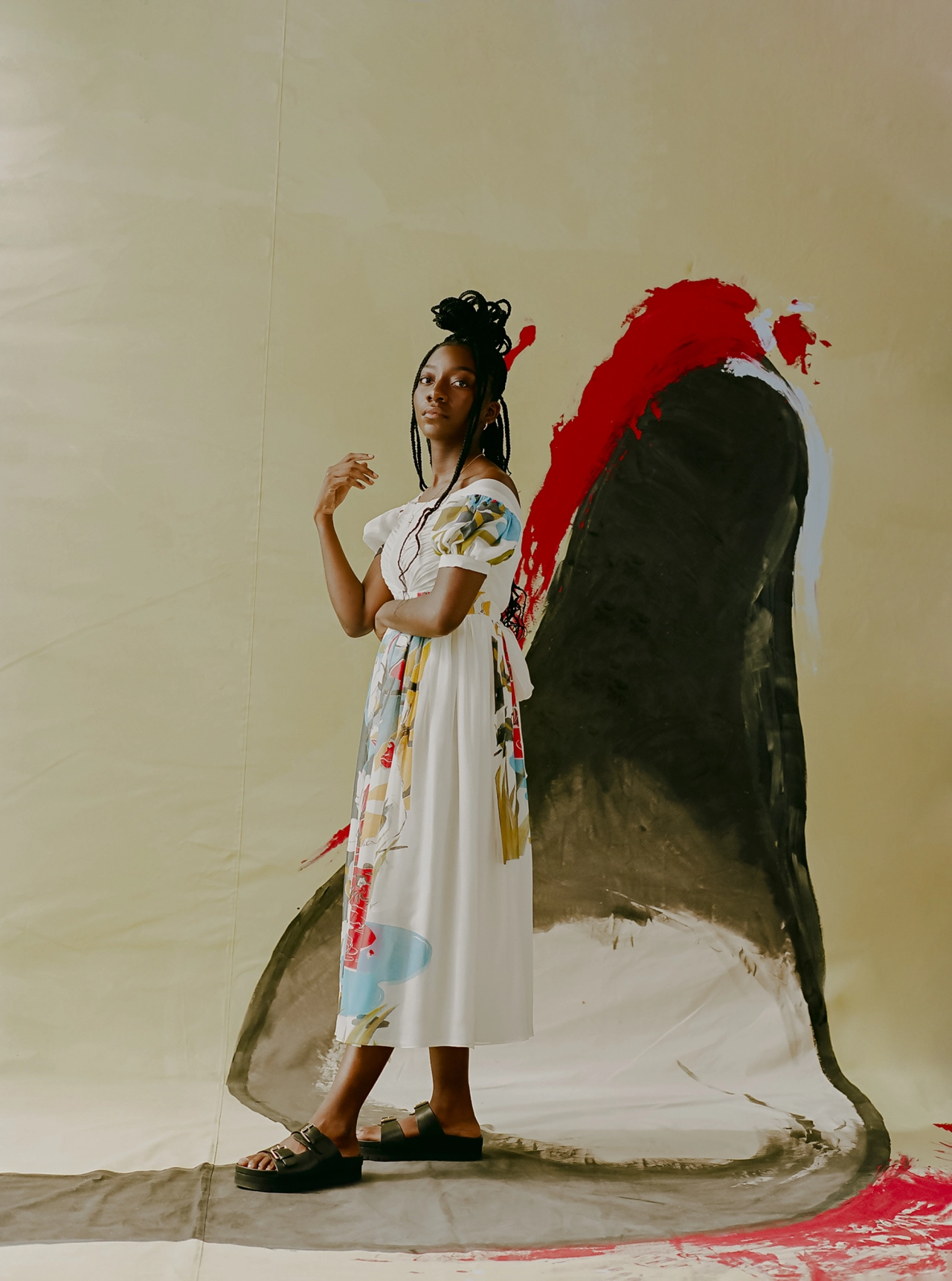 LookBook image from All Our Stories LookBook Shoot. Featuring the ruched crying tiger dress in the exhibition. Photography by Christina Ebenezer. SS22.