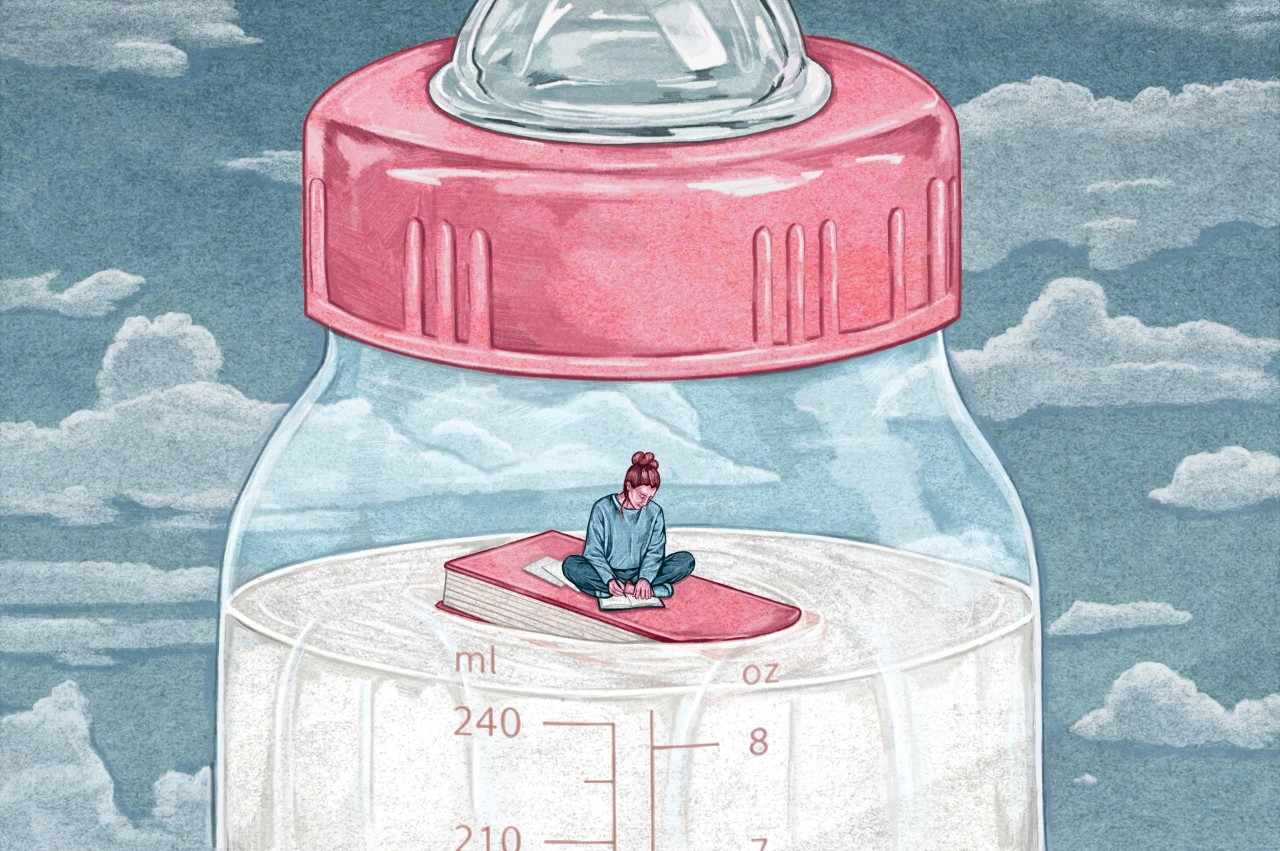 Illustration of a figure sitting on a pink mat inside a giant baby bottle with measurement markings against a cloudy sky background