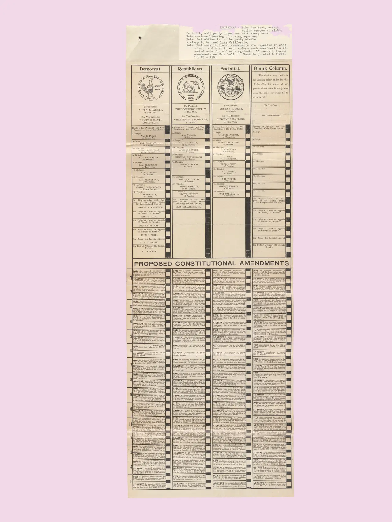 Louisina ballots: Louisiana, 1904, with a densely typeset list of proposed amendments below the candidates’ names.