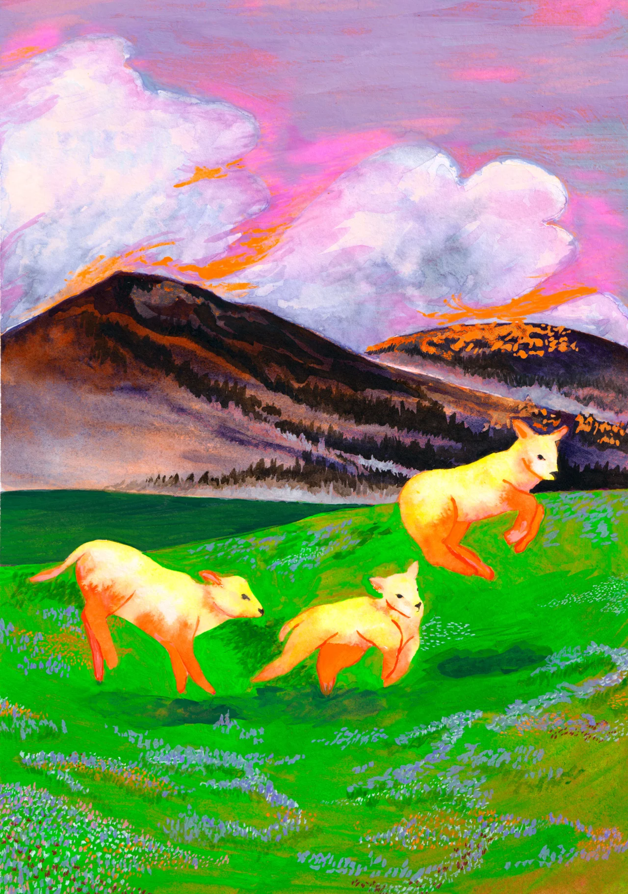 Three yellow and orange animals grazing in a green meadow with purple wildflowers, set against mountains and a pink sky with white clouds lit by golden light