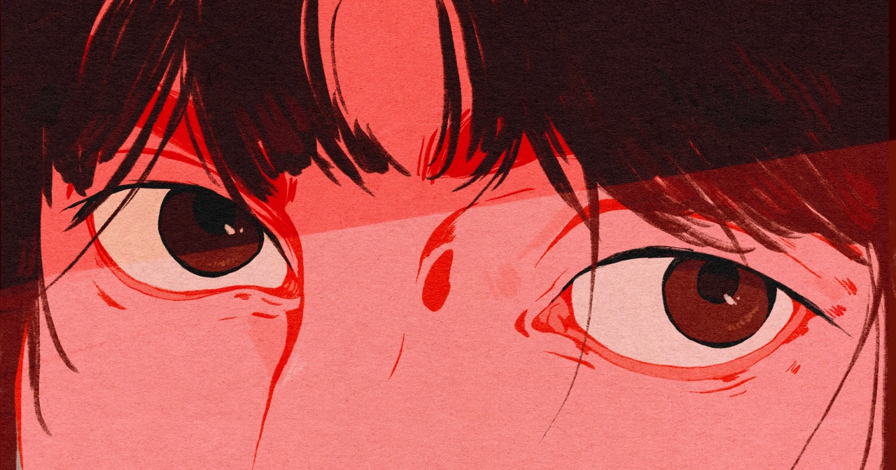 Close-up illustration of a character's face with dark hair, pale skin and deep brown eyes rendered in shades of hot pink and red
