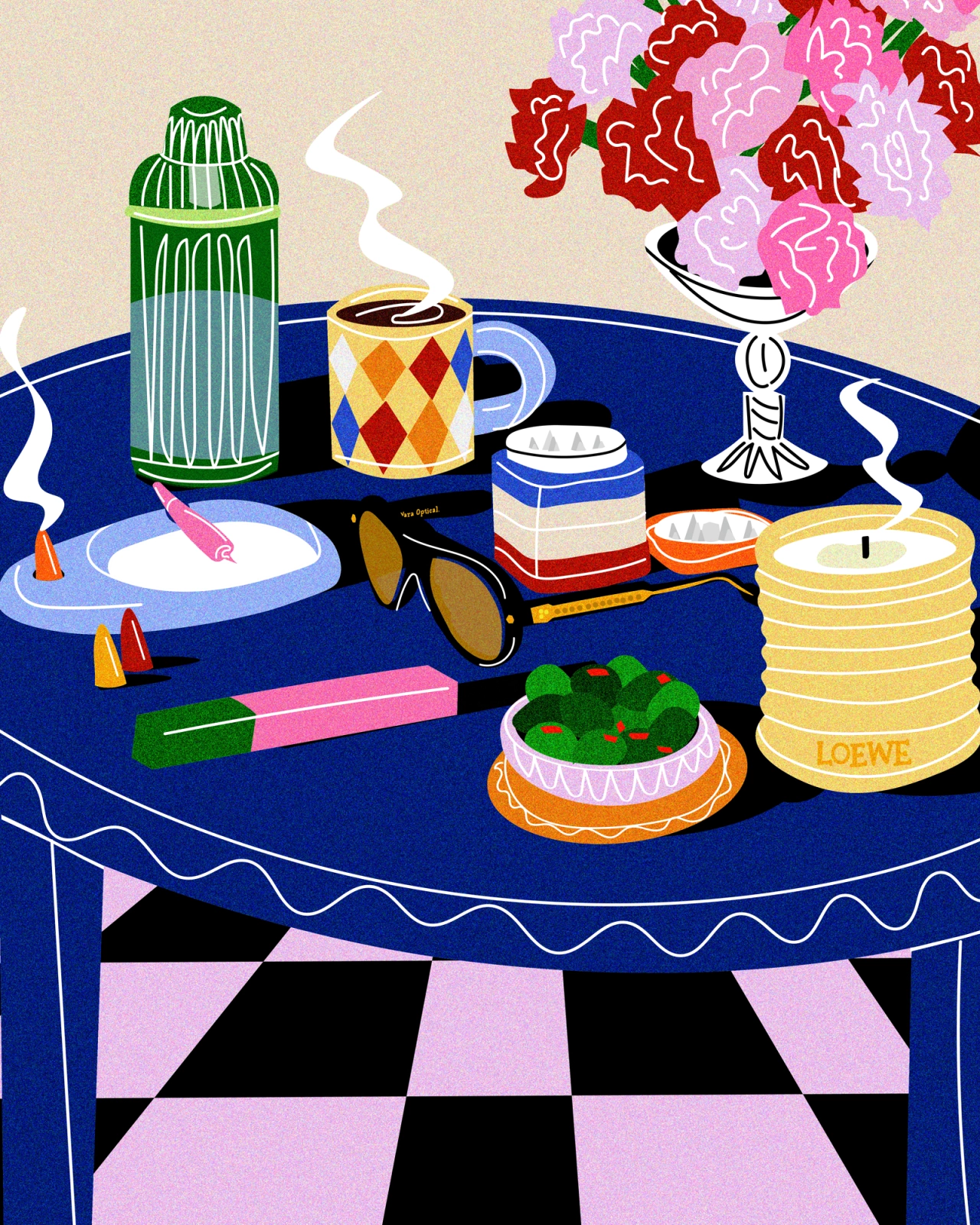 Colourful illustration of a table styled with a green striped perfume bottle, patterned mug, stacked containers, sunglasses, yellow candle, fresh flowers, plants and decorative objects on a dark blue surface