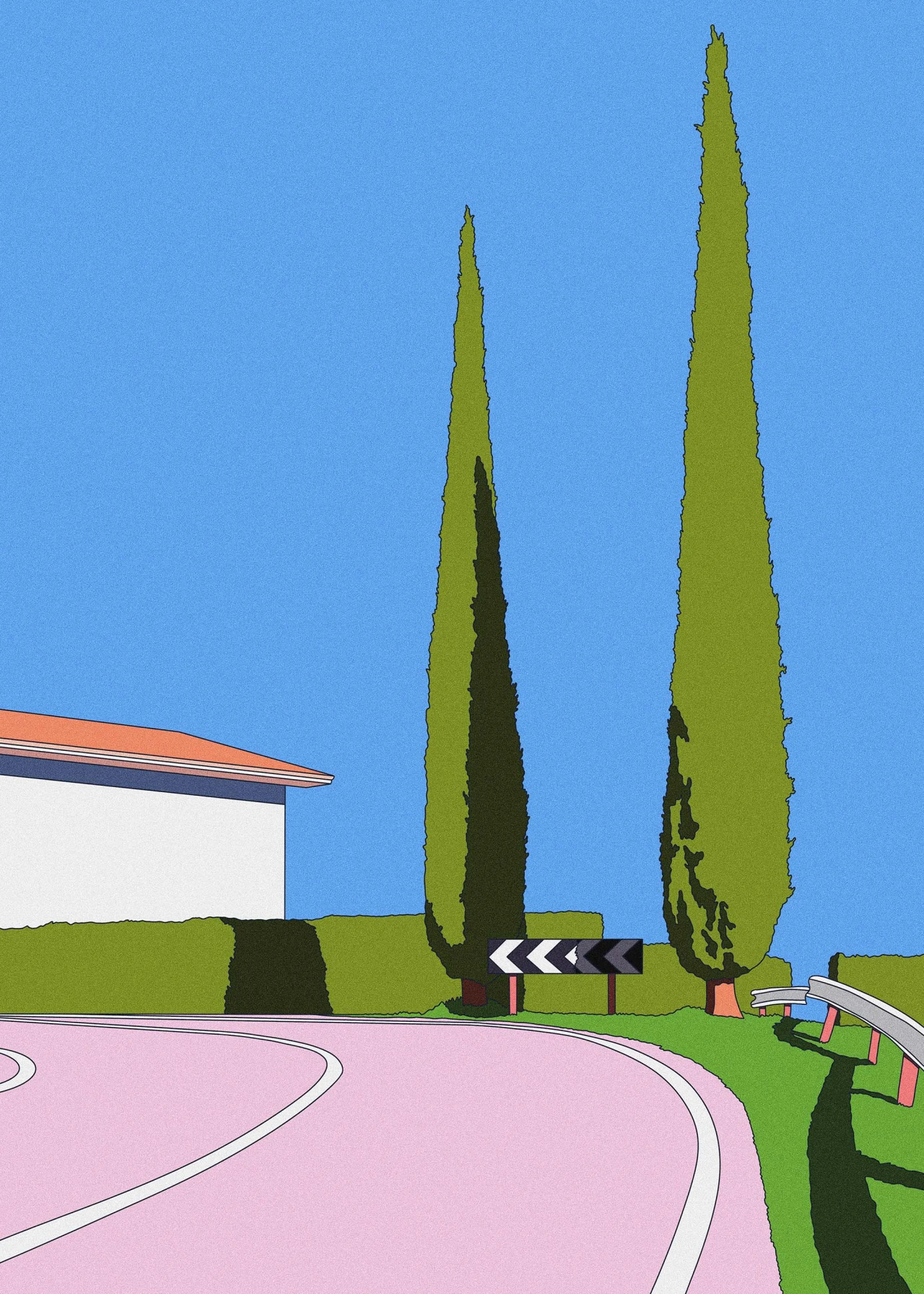 Minimalist illustration of two tall cypress trees beside a modernist building with a pink driveway and clear blue sky, in bold flat colours