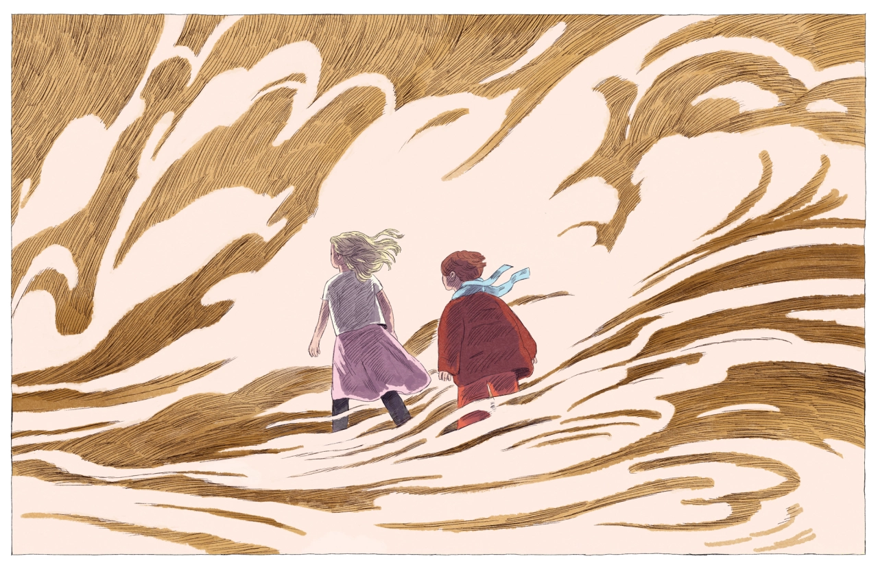 Two figures in long coats walk together through swirling, wind-like strokes of brown and cream in an illustration by Thomke Meyer