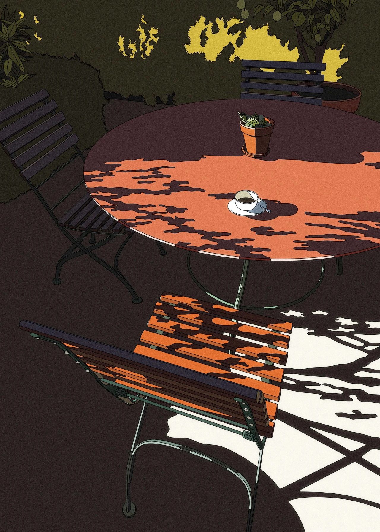 Shaded outdoor table and chairs casting dark shadows on an orange ground, with a potted plant and white hat, against a dark green background with yellow sky