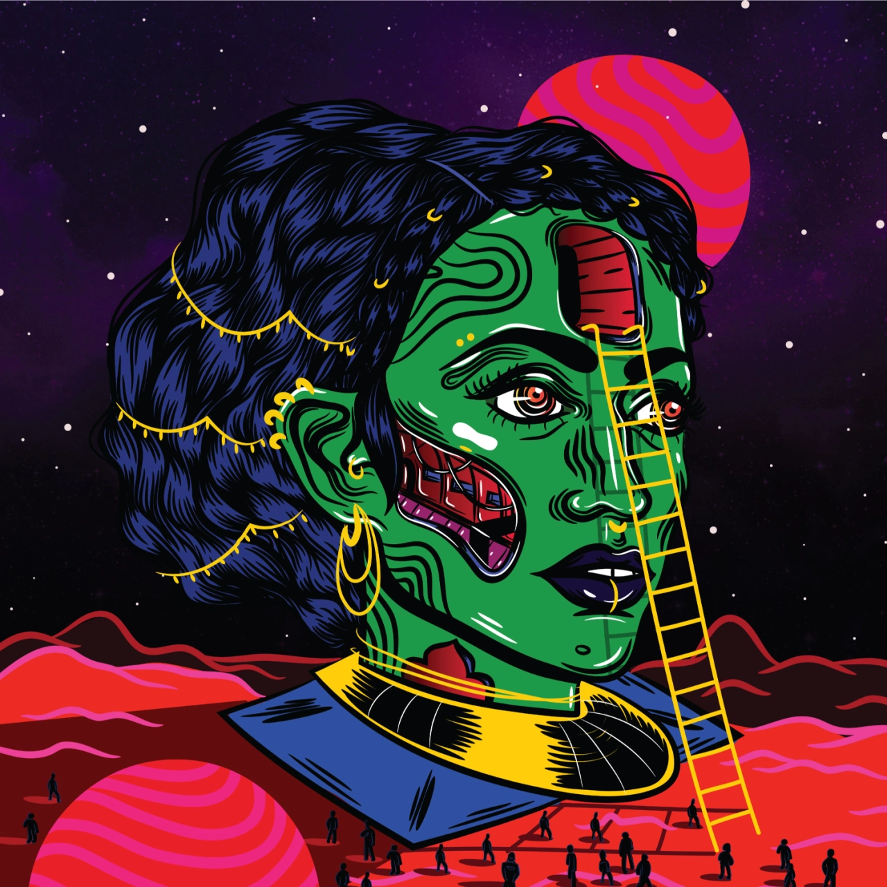 Space Heads, 2018 – Futuristic sci-fi speculative fiction inspired by South Indian motifs, mythologies and elaborate Tamilian temple architecture  © Osheen Siva