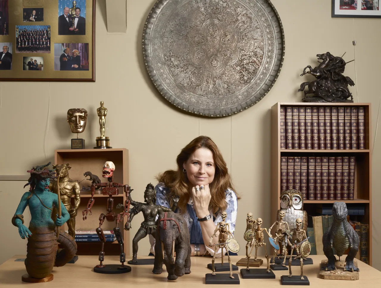 Vanessa Harryhausen with numerous models created by Ray Harryhausen (1920-2013).  Collection: The Ray and Diana Harryhausen Foundation (Charity No. SC001419) © The Ray and Diana Harryhausen Foundation Photography: Sam Drake (National Galleries of Scotland)