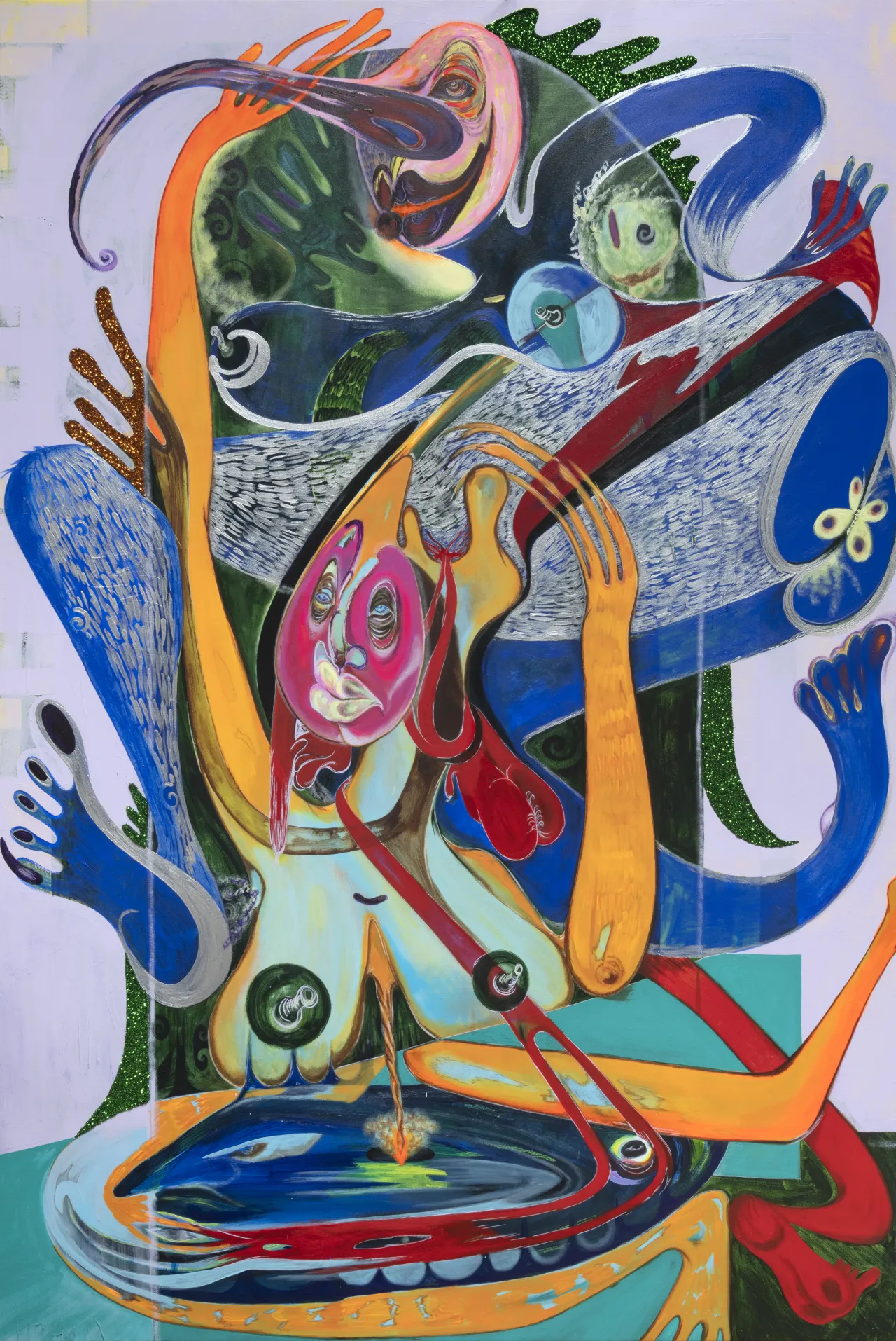 Hey, I’ll be There in 5. Can I Bring a Few Guests? (Me and Me’s) 2019 Acrylic and glitter on canvas 72 x 48 in. Image courtesy of Kravets Wehby Gallery