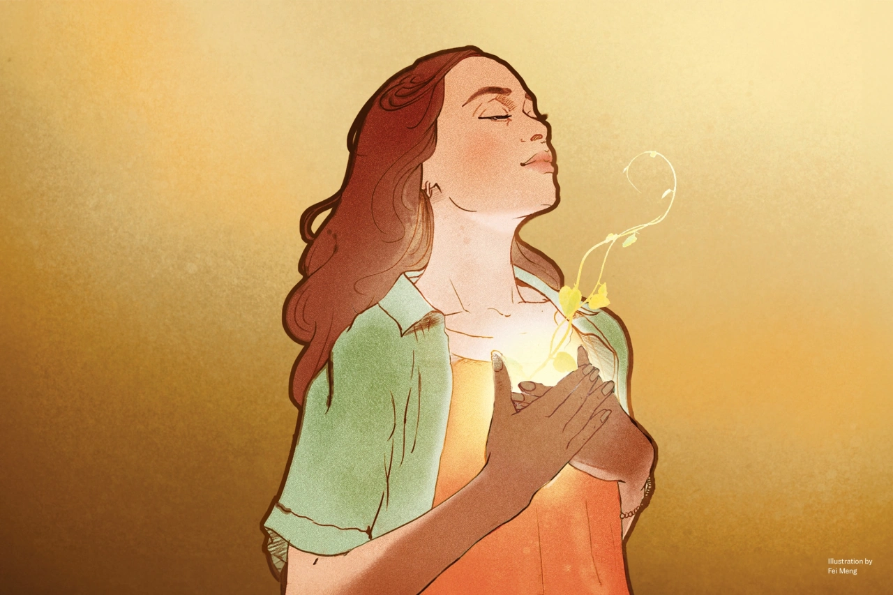 A woman closes her eyes with her hands pressed to her glowing chest, from which a delicate golden vine grows.