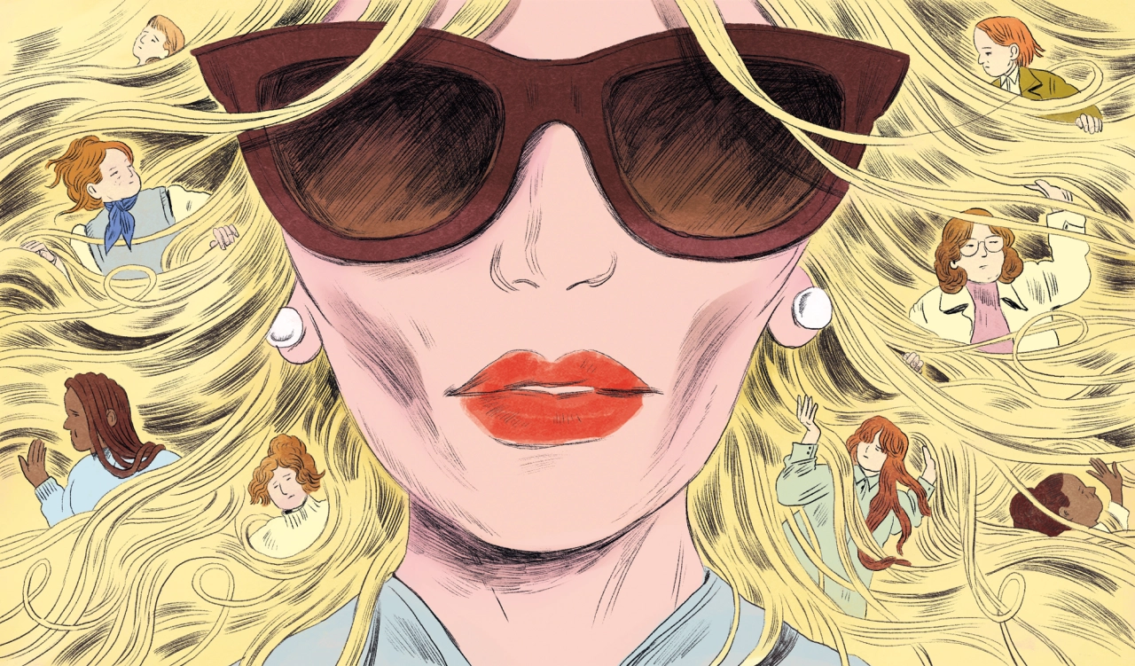 Illustrated portrait of a woman wearing oversized burgundy sunglasses and red lipstick, with flowing blonde hair containing small figures, against a pale pink background