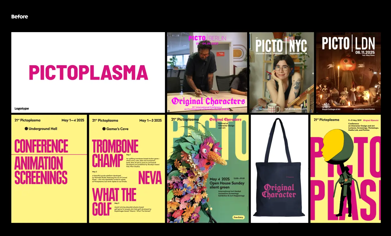 Collection of Pictoplasma branding materials showing magazine covers, event posters and a tote bag featuring the new identity design