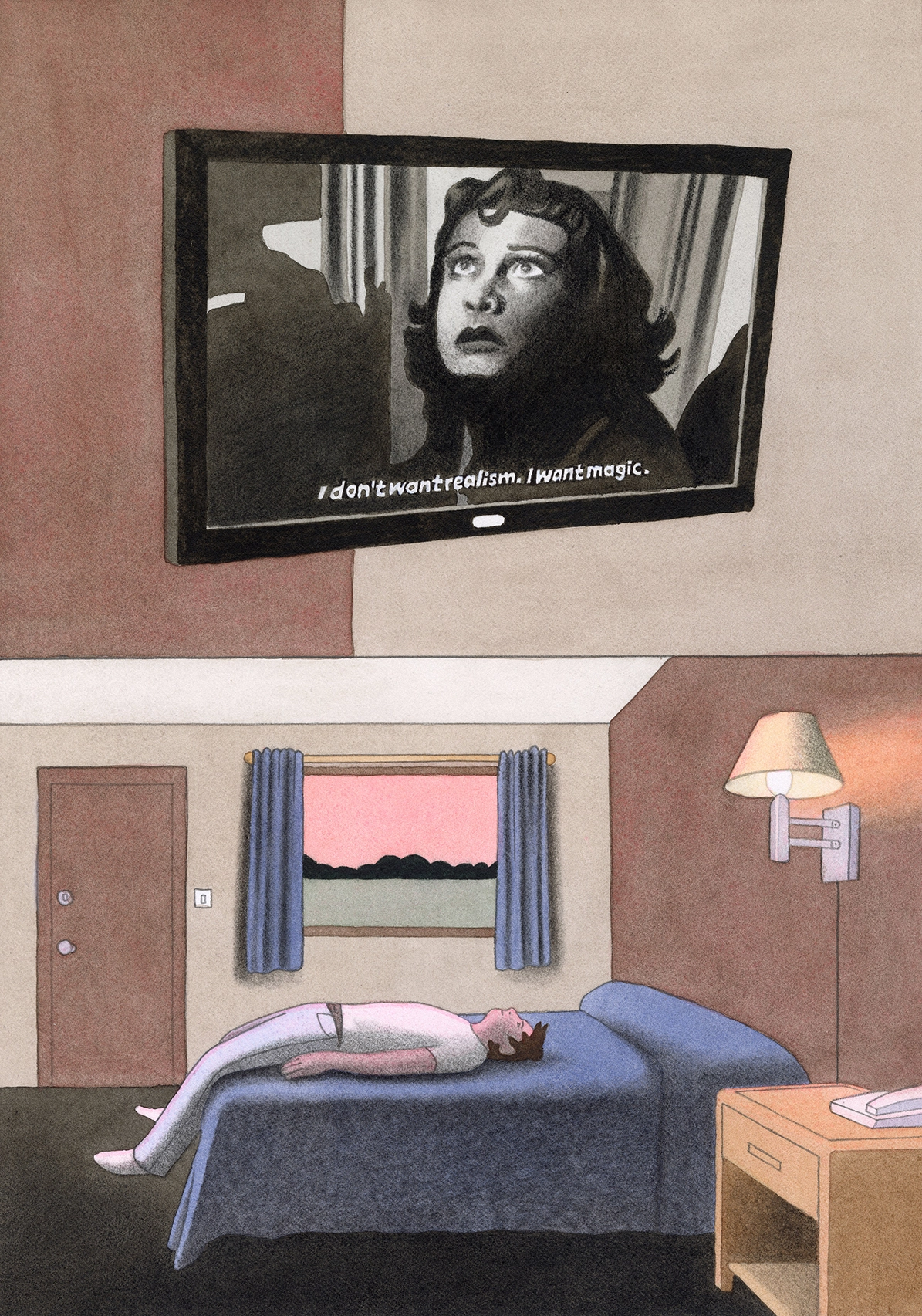 A figure lies on a motel bed watching a black-and-white film on a wall-mounted screen showing a woman's face with the caption "I don't monetrealism. I want magic
