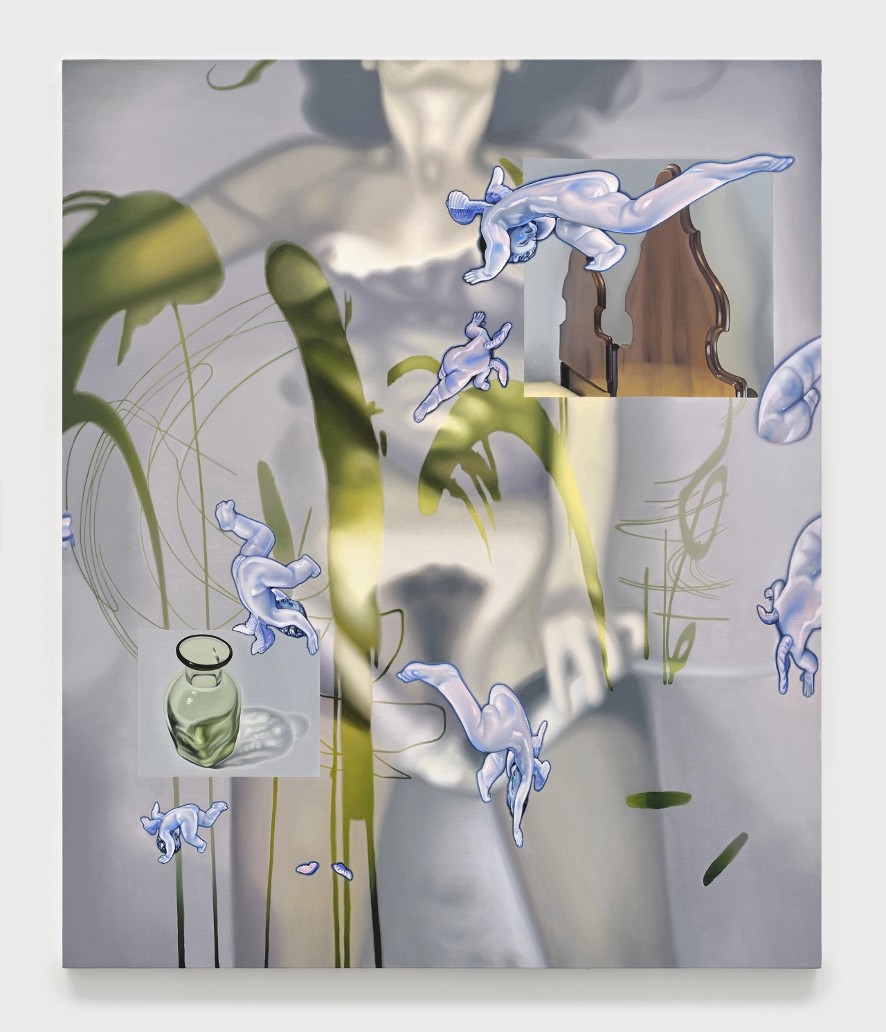 Illustrated blue figures float among green plant stems, a glass bottle and abstract shapes in a dreamy composition