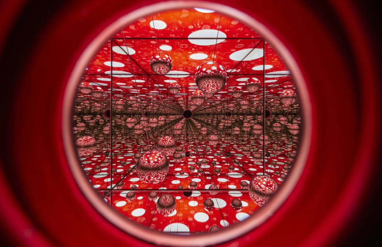 Dots Obsession, 2013 Installation view from Manchester International Festival 2023 exhibition ‘Yayoi  Kusama_ You, Me and the Balloons’ at Aviva Studios.  Images © David Levene.