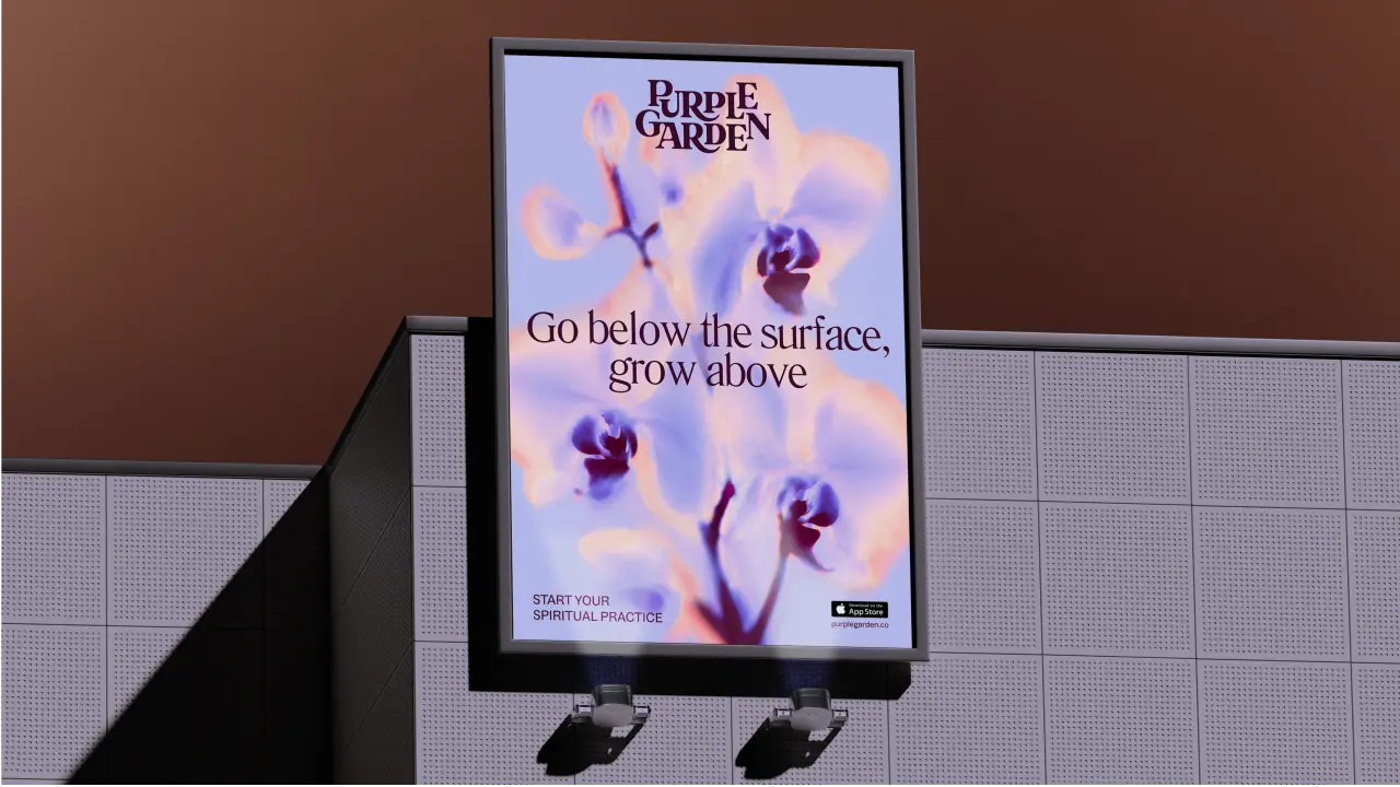 Purple Garden outdoor advertising billboard displaying purple orchids with the tagline "Go below the surface, grow above