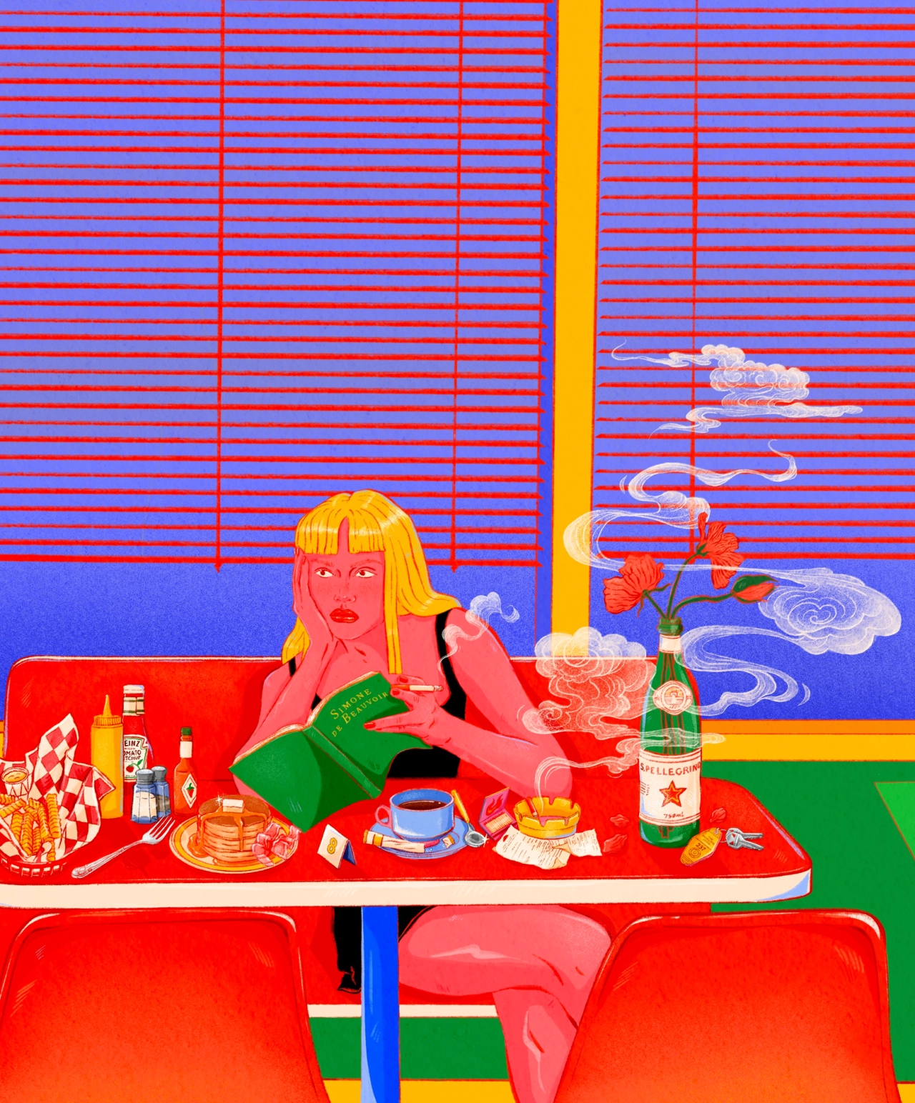 Figure with bright pink skin and yellow hair sits at a red table surrounded by colourful objects including a coffee cup, wine bottle and flowers, against a vibrant geometric background in hot pink, blue and green.