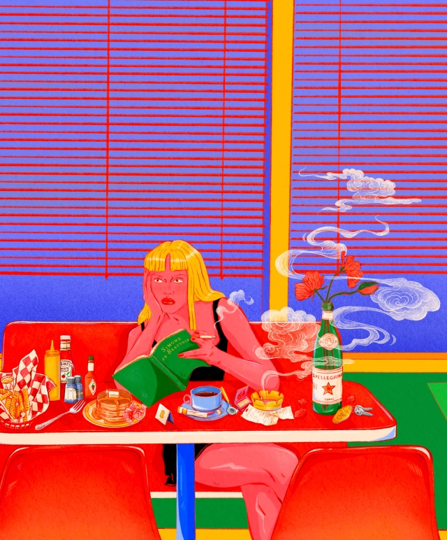 Figure with bright pink skin and yellow hair sits at a red table surrounded by colourful objects including a coffee cup, wine bottle and flowers, against a vibrant geometric background in hot pink, blue and green.