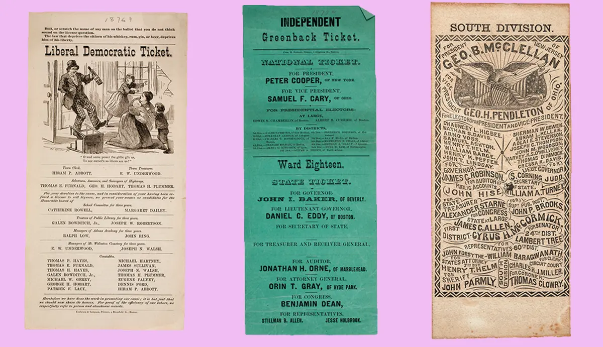 L-R: Temperance ticket ballots, Greenback ballots, South Division ballots