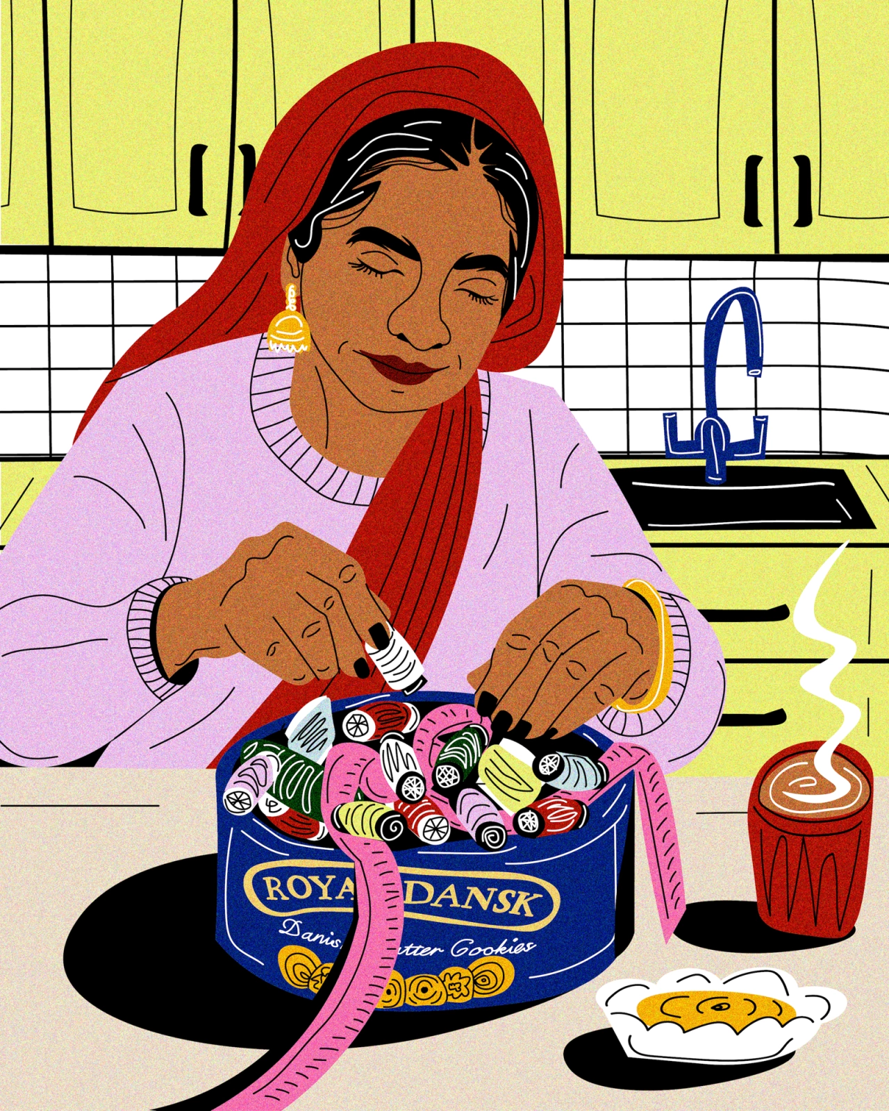 Woman in red headscarf and pink jumper opening a Royal Dansk butter cookies tin wrapped with pink ribbon in a bright yellow kitchen