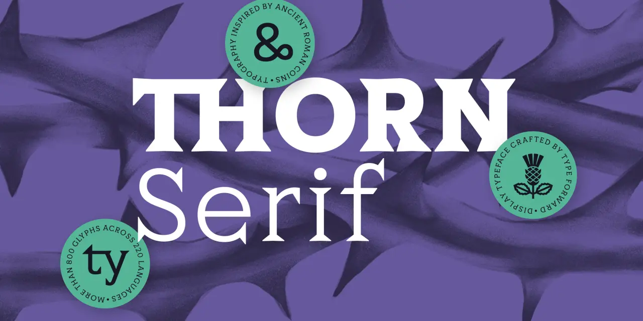 Thorn Serif typeface logo with green award badges on purple abstract background