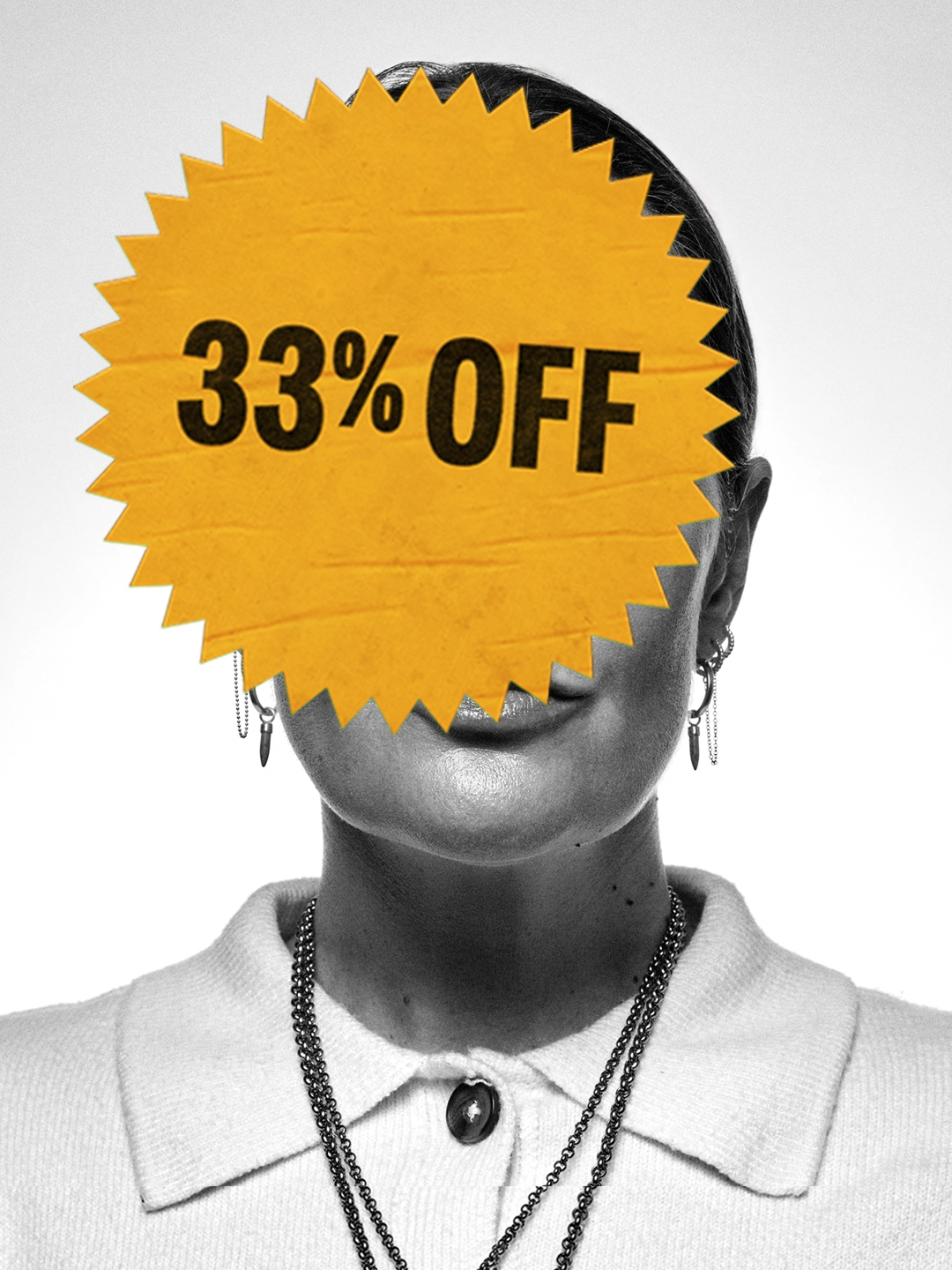 Black and white portrait of a person with a large yellow starburst graphic reading "33% OFF" covering their head, highlighting pension inequality for women