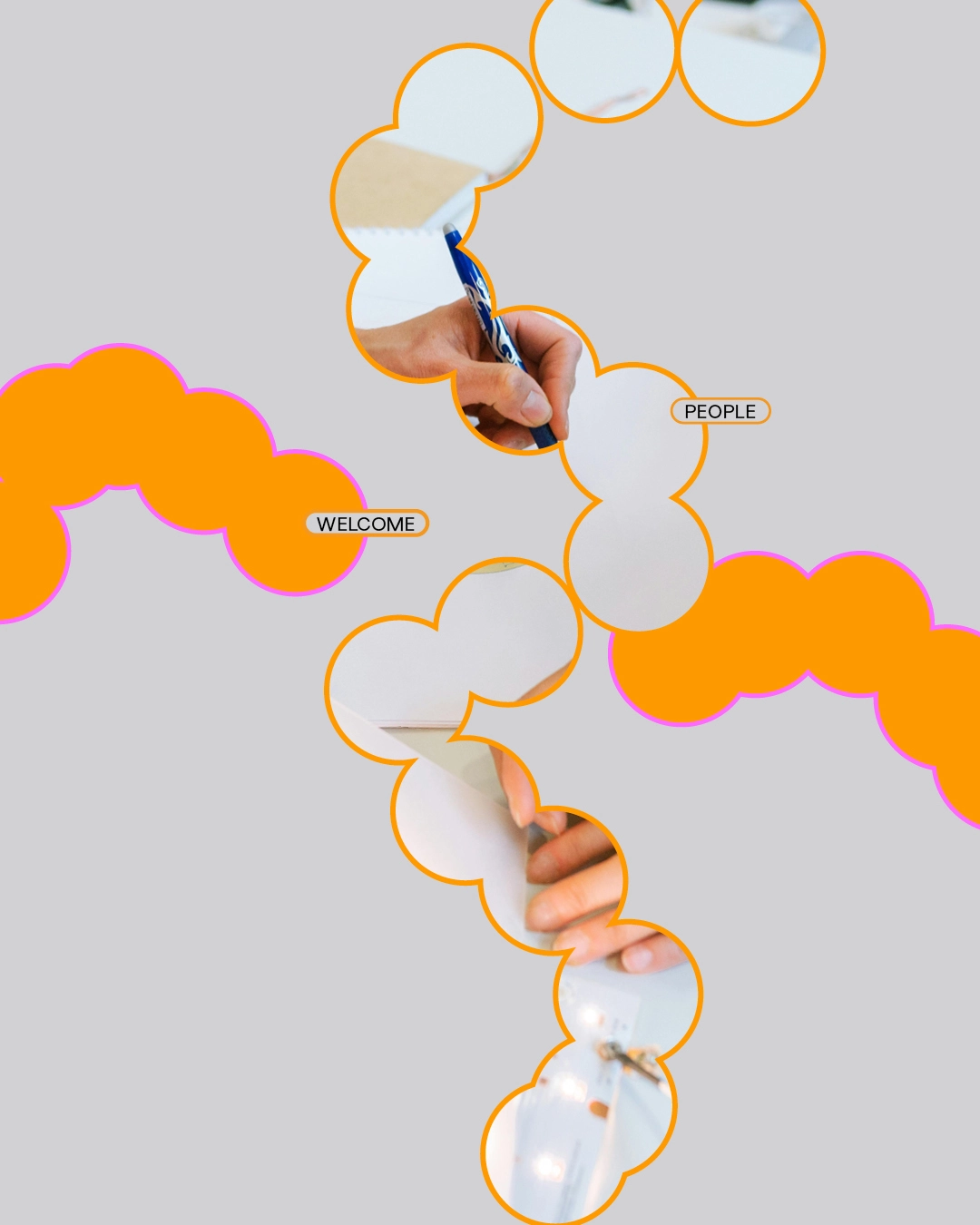 Two hands reach through overlapping orange and white circular shapes outlined in orange, with text labels reading "WELCOME" and "PEOPLE