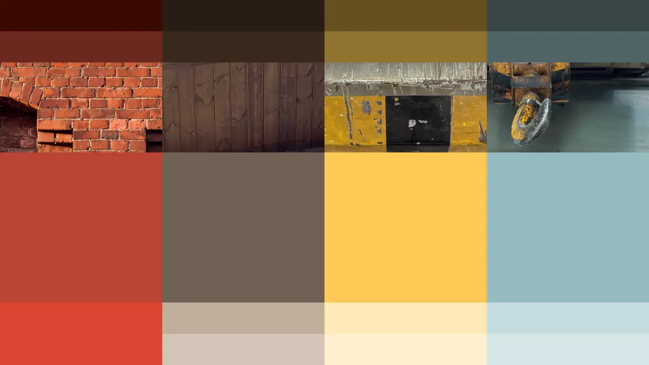 Colour palette grid showing brick red, warm greys, mustard yellow and soft blue tones extracted from The Train Factory's industrial architecture and surroundings