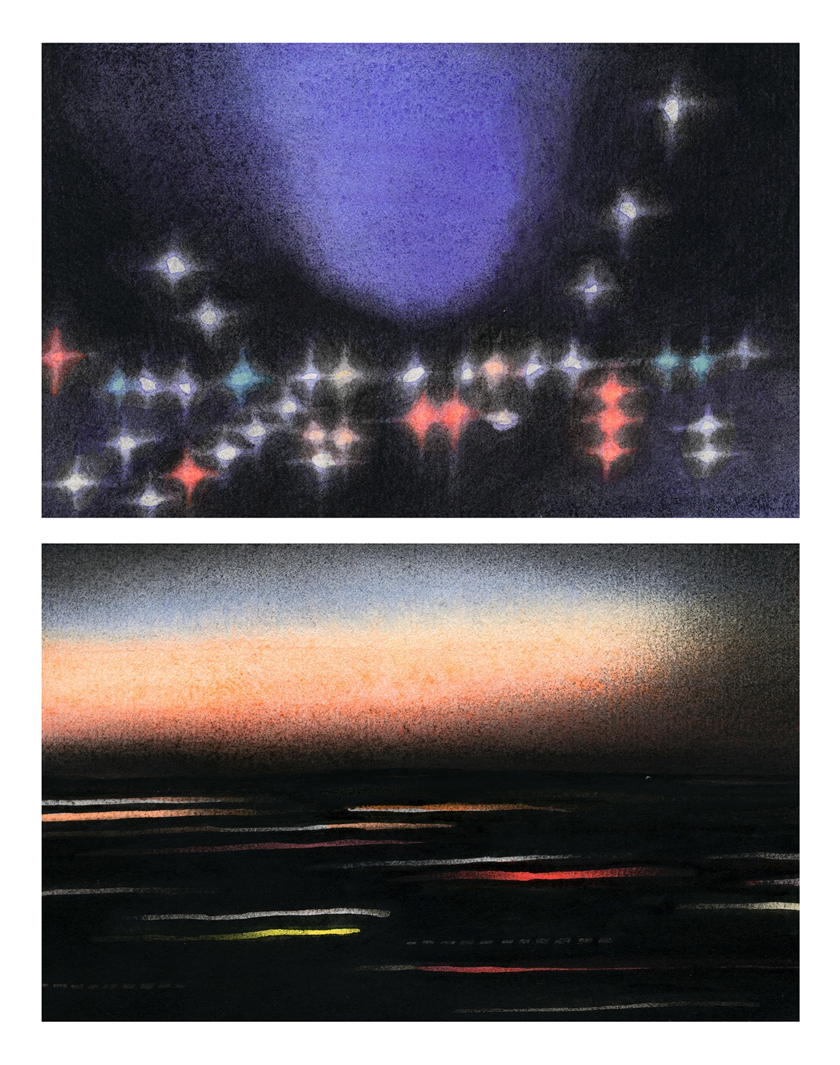 Two atmospheric drawings: above, a blurred cityscape at night with purple sky and coloured lights; below, an abstract landscape with warm horizon tones fading to dark water with streaks of colour