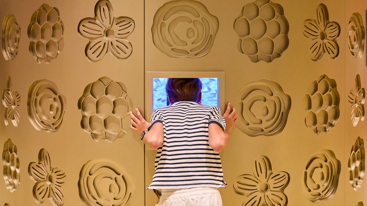 Person in striped shirt facing a screen surrounded by decorative golden ceiling rosettes at Leone's Happiness Factory installation