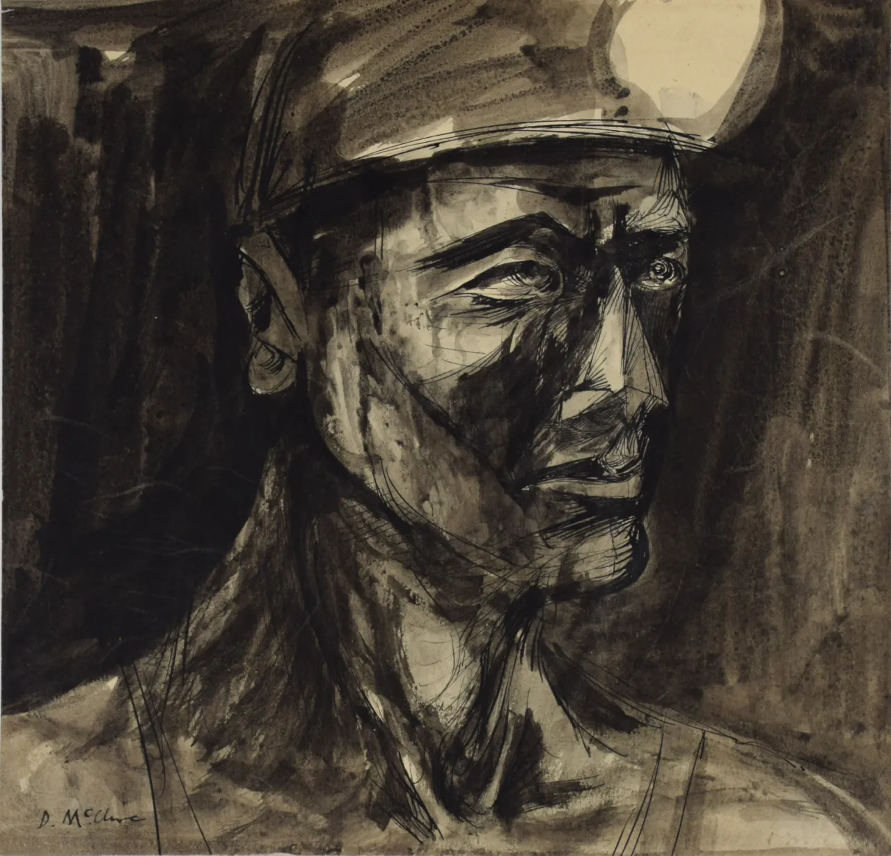 David McClure. Head of a Miner. 1948. Pen and ink on paper. 225mm x 235mm. Photograph: Richard Hawkes. Copyright: The David McClure Estate. Courtesy of The Auckland Project.