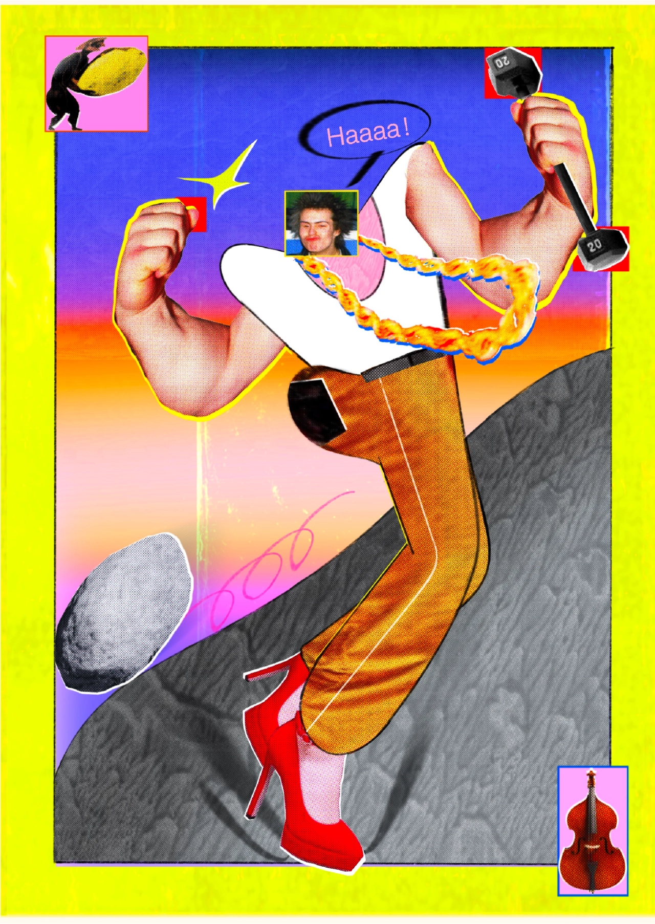 Vibrant collage featuring a figure with exaggerated limbs juggling objects against a gradient background, surrounded by a neon yellow border with small inset images